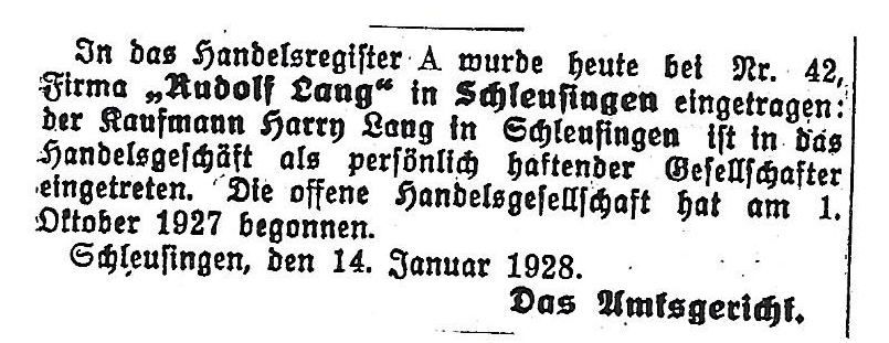 Eintrag ins Handelsregister von Harry Lang